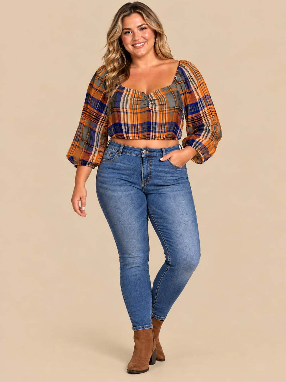 Wild Fable Plaid Puff Long Sleeve Ruched Top XL